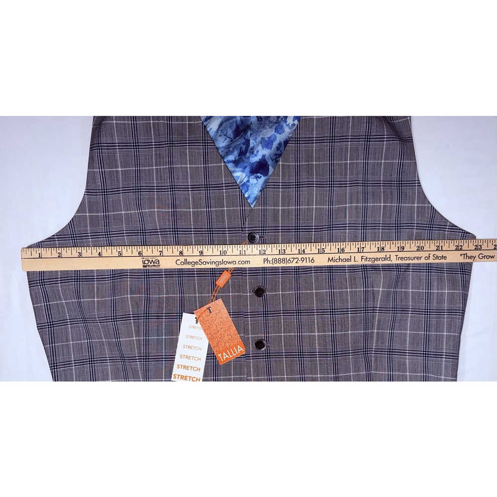 NWT Tallia Men Wool Blend Vest 46R Slim Lined Grey Blue Plaid Floral Back Fit - Picture 4 of 8